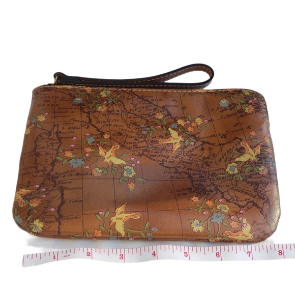 NWT Patricia Nash Cassini Wristlet Floral Map pattern Brown Leather w/strap - Picture 7 of 10